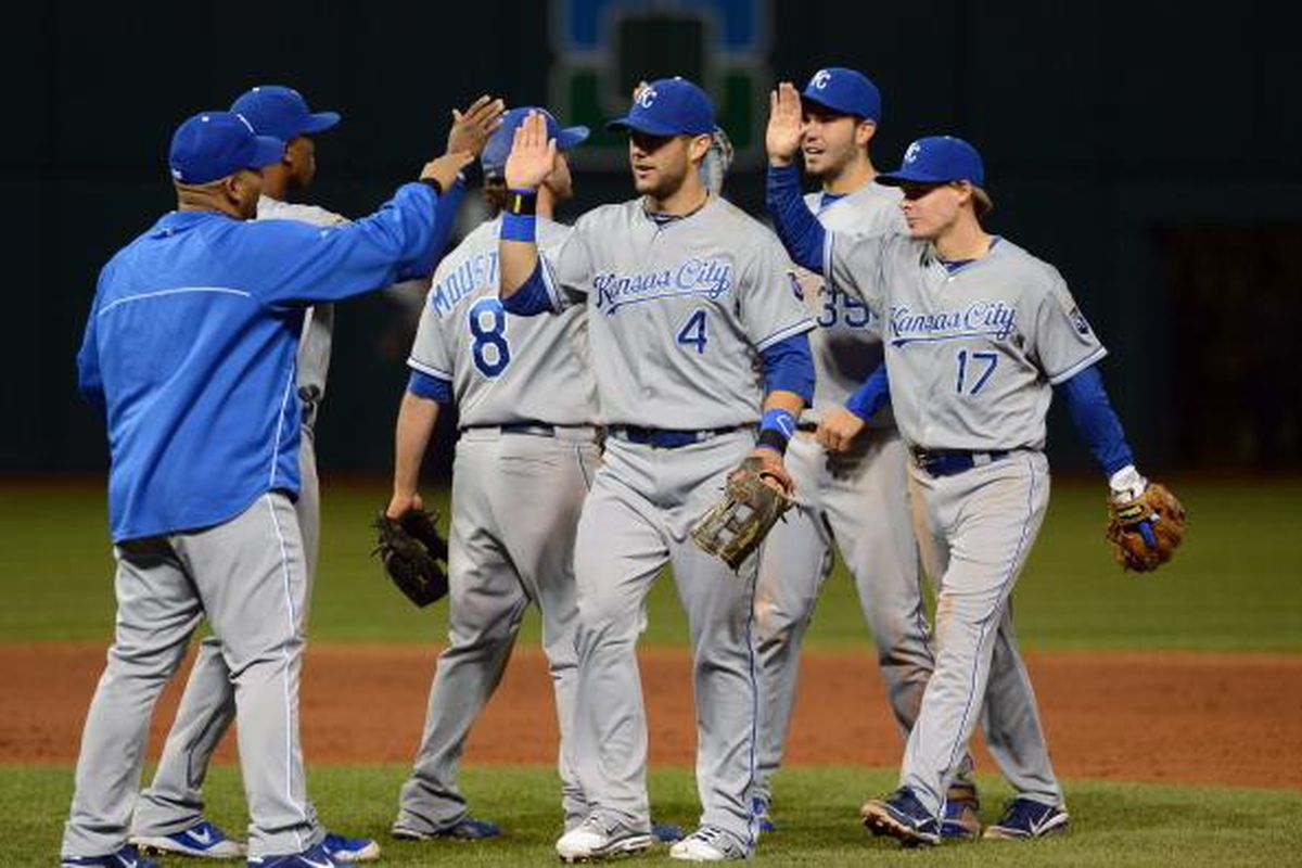 Kansas City Royals celebrate their victory over Cleveland, which ends a 12-game losing streak for KC.