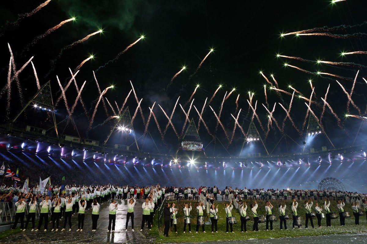 LONDON, ENGLAND - JULY 27:  General view as fireworks illuminate the sky during the Opening Ceremony of the London 2012 Olympic Games at the Olympic Stadium on July 27, 2012 in London, England.  (Photo by Cameron Spencer/Getty Images)