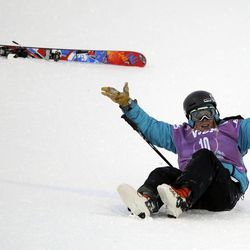 Jamie Crane-Mauzy (USA) reacts after falling during the women's halfpipe competition at Park City Mountain Resort on Saturday, Jan. 18, 2014.