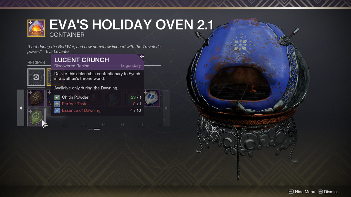 The Holiday Oven in Destiny 2, highlighting one of the new recipes for 2022