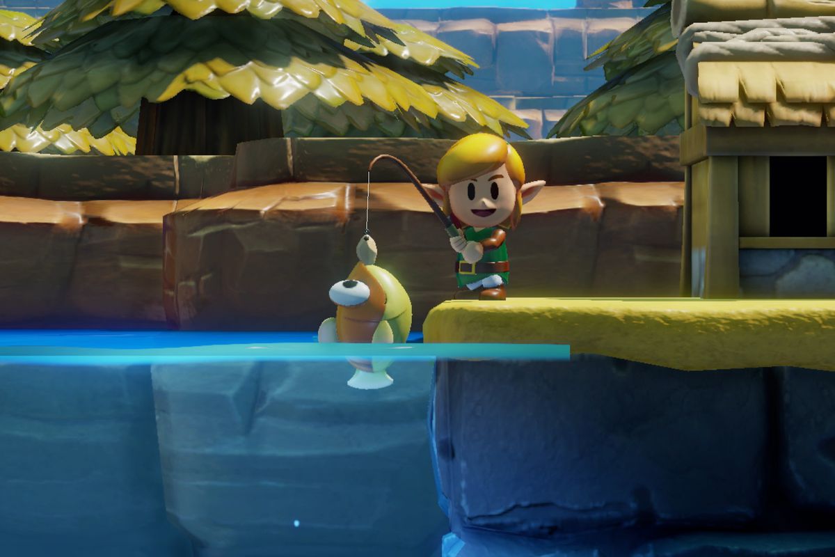 Link catches a fish in a screenshot from The Legend of Zelda: Link’s Awakening (2019)