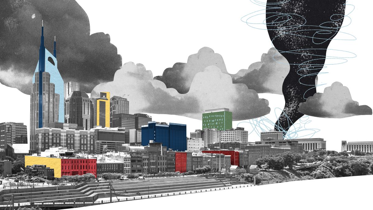 A tornado looms in the distance of a Nashville skyline. Collage/Illustration.