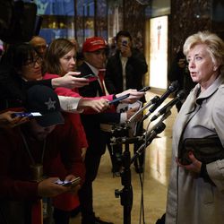 FILE - In this Nov. 30, 2016 file photo, Linda McMahon talks with reporters after a meeting with President-elect Donald Trump at Trump Tower in New York. President-elect Donald Trump will nominate wrestling executive Linda McMahon to serve as administrator of the Small Business Administration, a Cabinet-level position. 