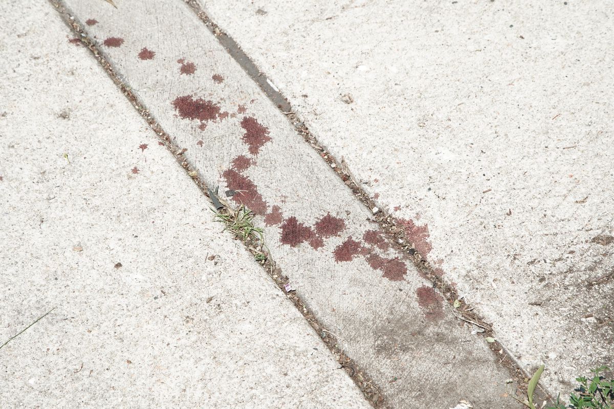 Blood stains the parking lot next to an apartment building in the 6100 block of South Wabash Avenue where six people were shot, two of them fatally.