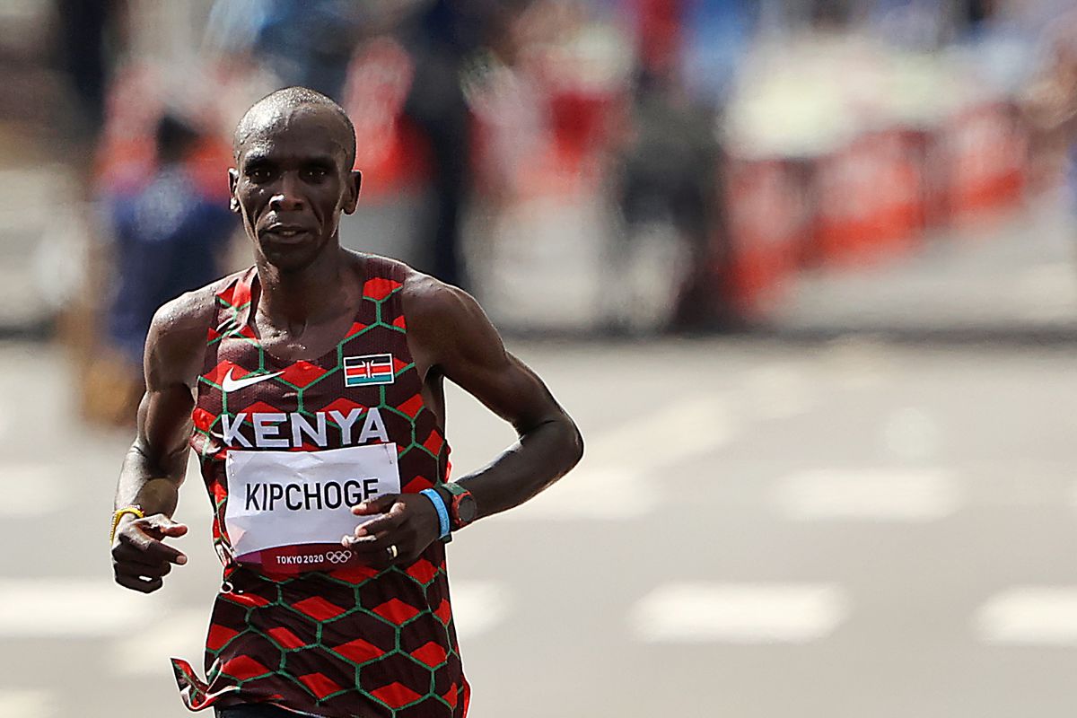 Eliud Kipchoge of Team Kenya competes in the Men’s Marathon Final on day sixteen of the Tokyo 2020 Olympic Games at Sapp