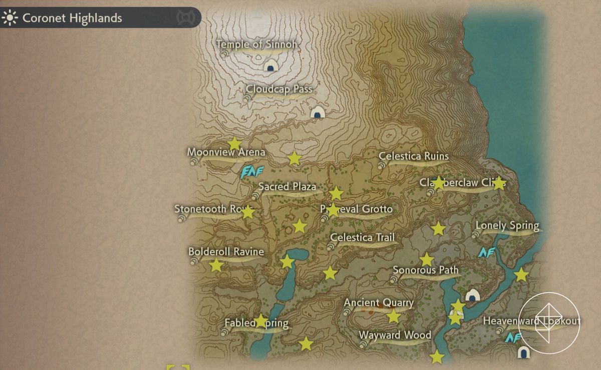 A map of Coronet Highlands, riddled with yellow stars that note where to find wisps across the mountain.