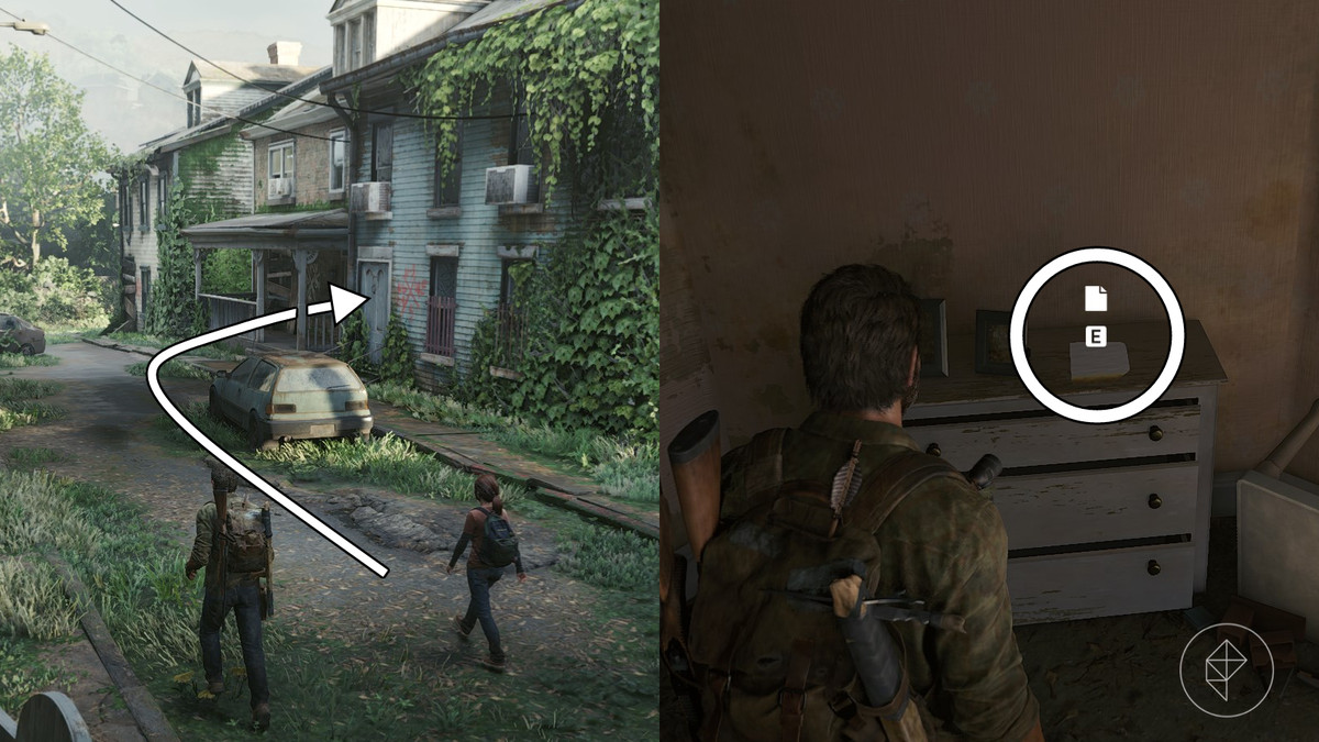 Looting Note artifact location in the Suburbs section of the The Suburbs chapter in The Last of Us Part 1