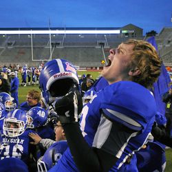 Bingham's Morgan Degooyer is hoisted up after the Miners defeated the Brighton Bengals during the 5A State Championships at Rice Eccles Stadium on Friday, November 22, 2013.