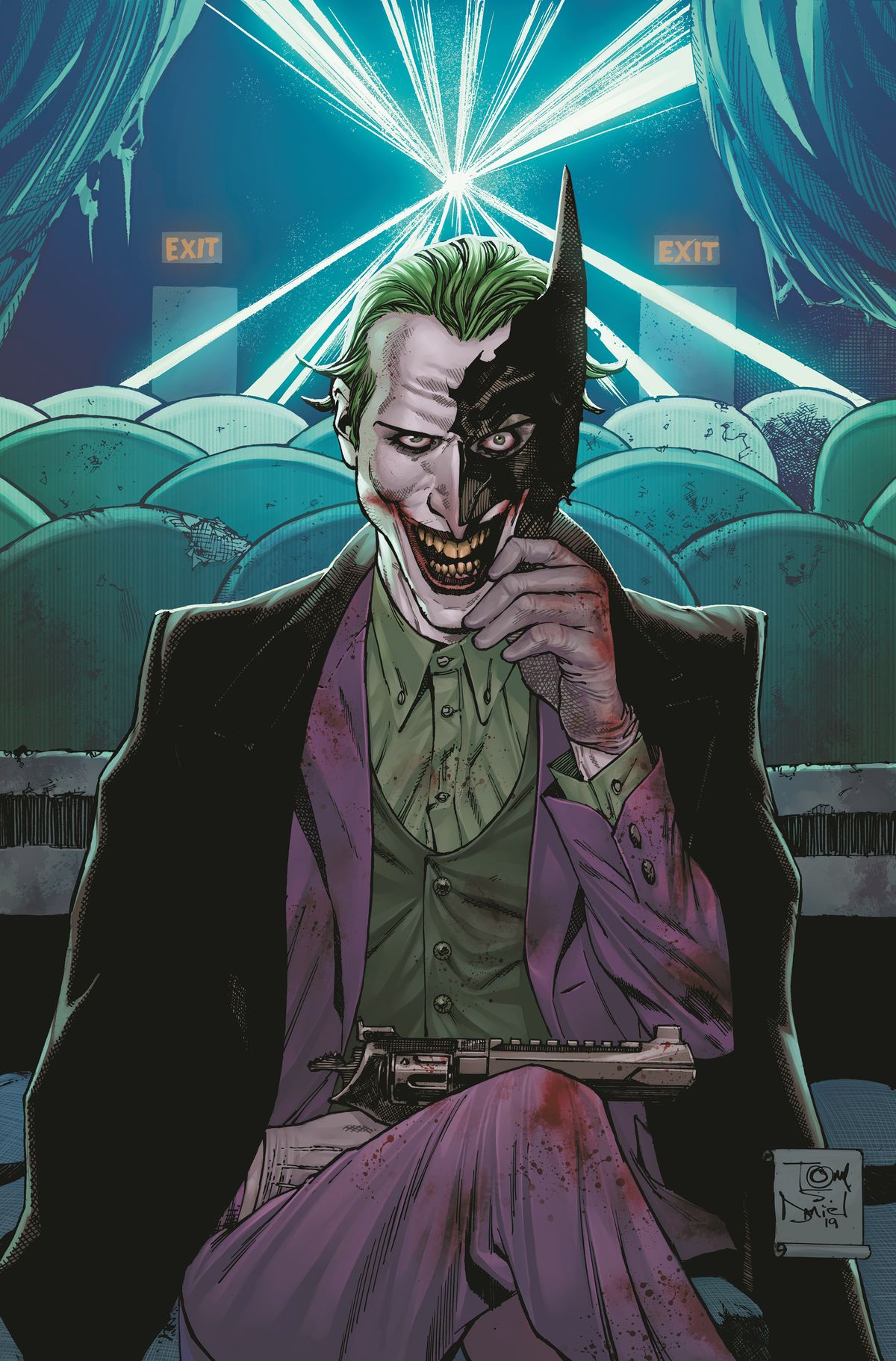 The Joker sits in a movie theater and smiles at the reader through a shattered half of Batman’s mask, on the cover of Batman #93, DC Comics (2020).