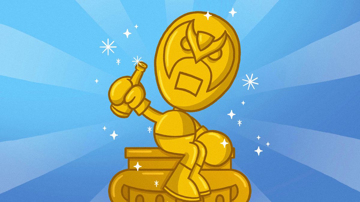 gold version of the Strong Bad character sits atop a gold column