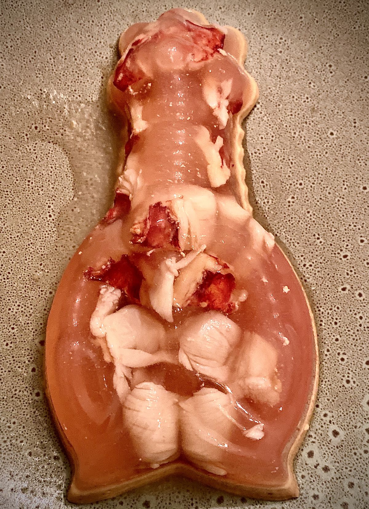A lobster-shaped jelly filled with lobster chunks