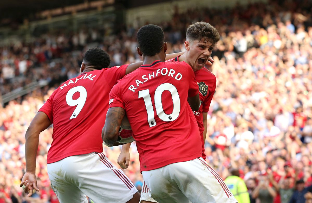 Anthony Martial and Marcus Rashford drag Daniel James away from his time-wasting celebration - Manchester United v Crystal Palace - Premier League