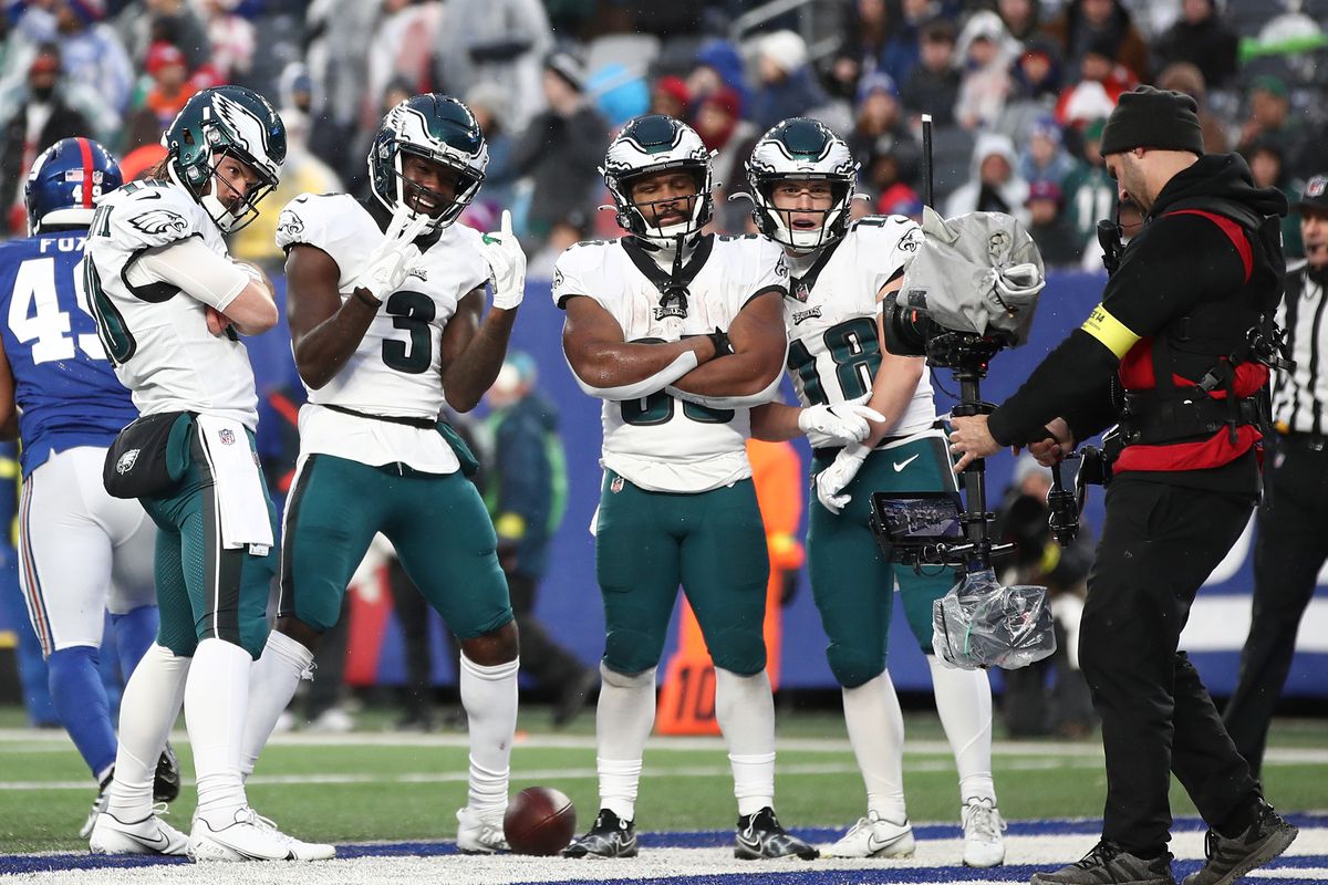 Members of the Philadelphia Eagles celebrate a touchdown in second half of the game against the New York Giants at MetLife Stadium on December 11, 2022 in East Rutherford, New Jersey.