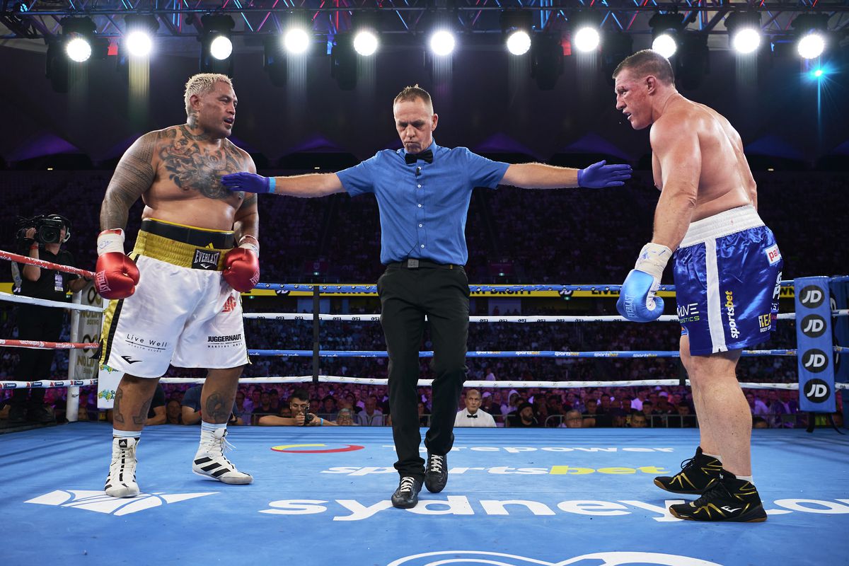 Mark Hunt fights Paul Gallen in a boxing match in Sydney, Australia in December 2020. 