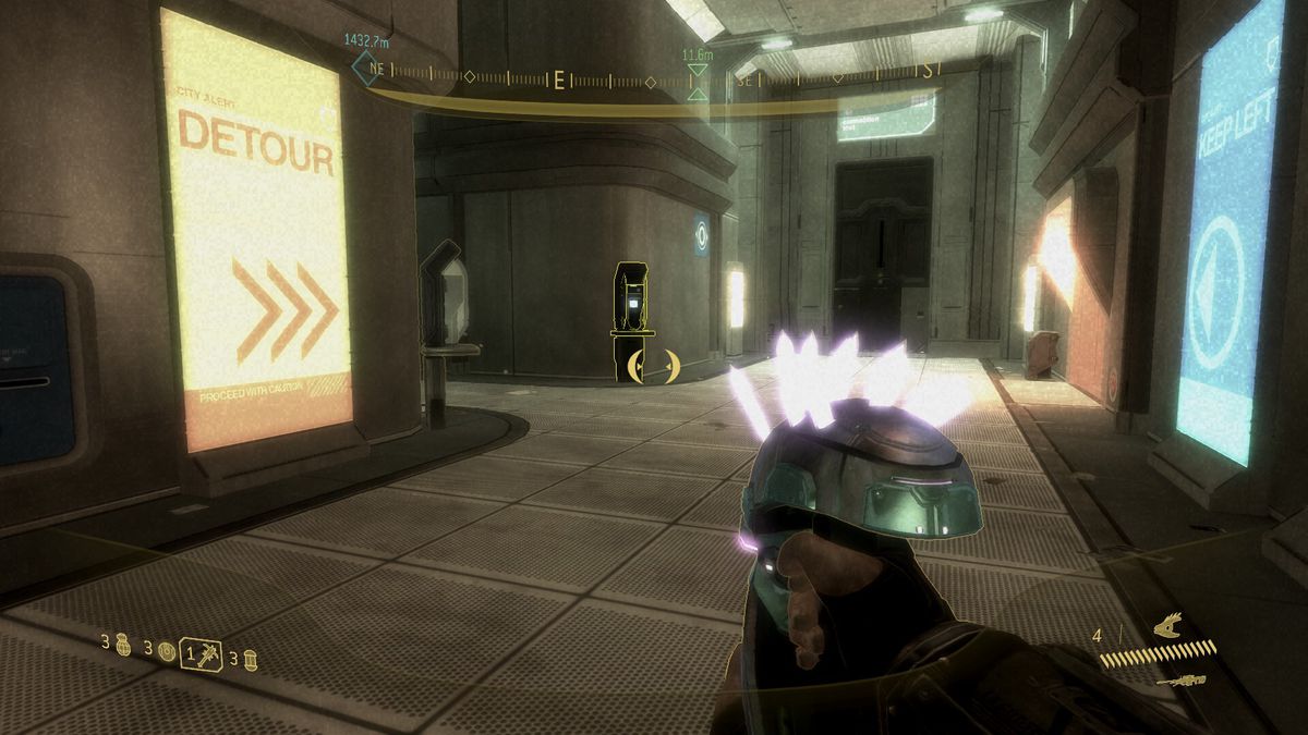 Halo 3: ODST’s diegetic waypoint system tells the player to “detour” down a hallway