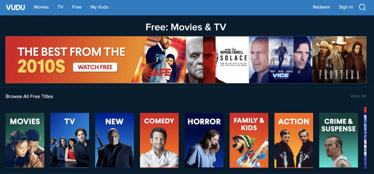 A screenshot of the Vudu free movies and TV site