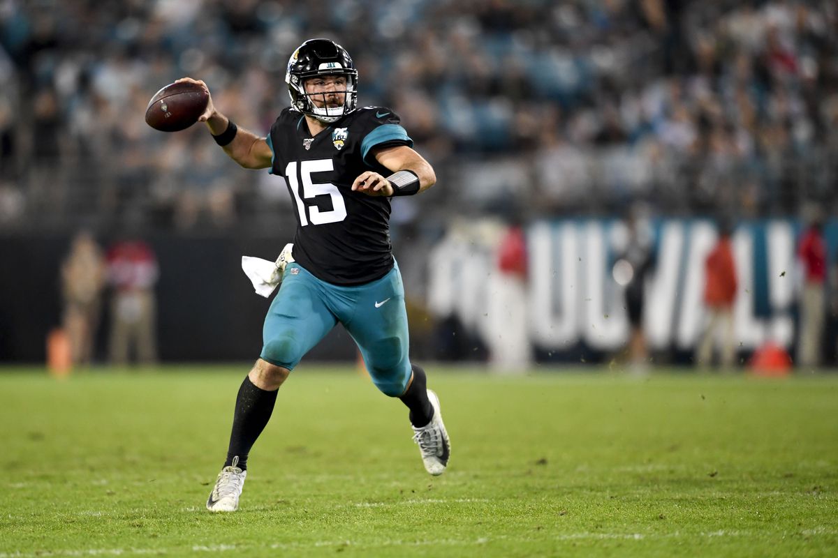 Jacksonville Jaguars quarterback Gardner Minshew II looks to pass during the fourth quarter against the Indianapolis Colts at TIAA Bank Field