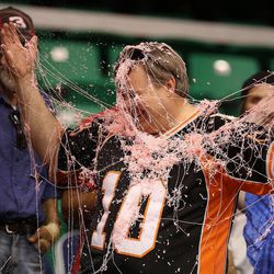 Utah Blaze fan Paul Thornton gets covered in Silly String during a football game between the Utah Blaze and the San Jose SaberCats at EnergySolutions Arena in Salt Lake City on Saturday, June 29, 2013.