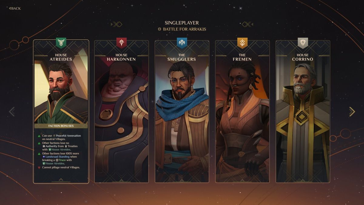 A screenshot of the faction select screen in Dune: Spice Wars