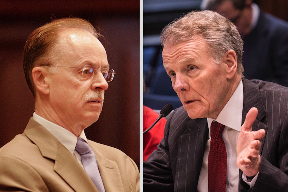Then House Speaker Mike Madigan’s chief of staff, Tim Mapes, left, in 2007; Speaker Mike Madigan, right, in 2017.