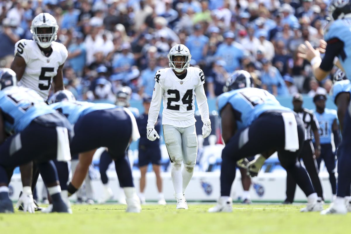 Johnathan Abram #24 of the Las Vegas Raiders lines up before a play during an NFL football game against the Tennessee Titans at Nissan Stadium on September 25, 2022 in Nashville, Tennessee.