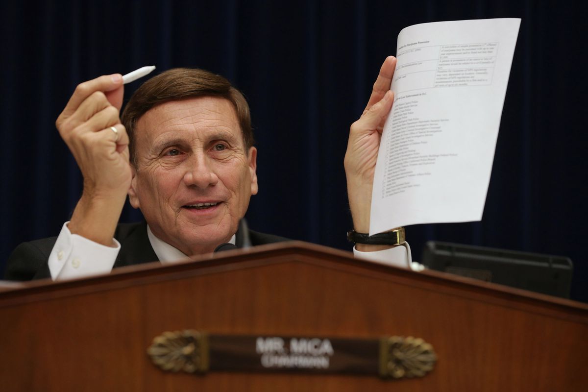 Congressman John Mica (R-FL) holds up a fake joint in a hearing about the District of Columbia's marijuana decriminalization law.