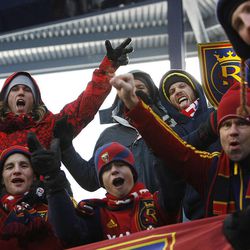 Real Salt Lake fans cheer as they get set for the game between Sporting KC and RSL at Sporting Park Saturday, Dec. 7, 2013 in MLS Cup action.
