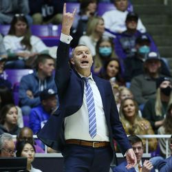 Brigham Young Cougars head coach Mark Pope calls a play in Ogden on Saturday, Dec. 18, 2021. BYU won 89-71.