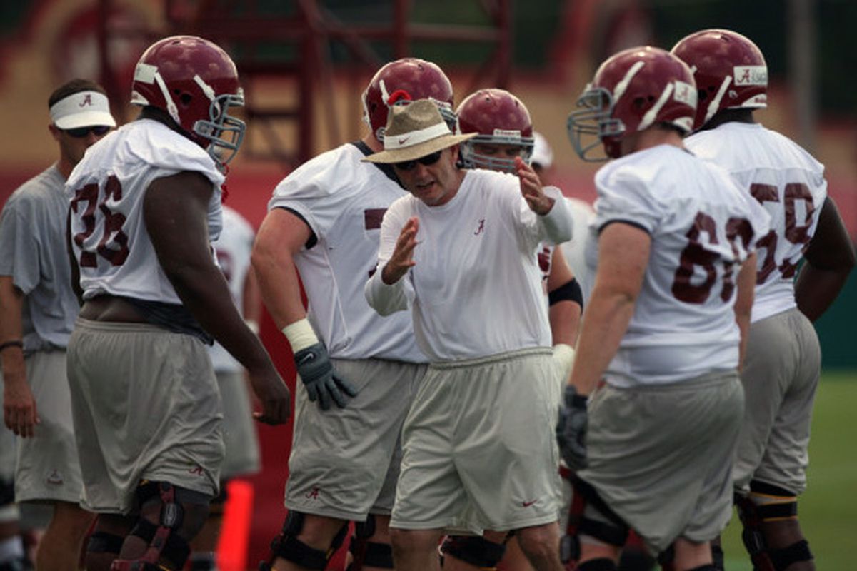 Offensive Line Coach Joe Pendry sends his minions to do his evil bidding. Photo: <a href="http://www.rolltide.com/view.gal?id=74226" target="new">Alex Gilbert</a>