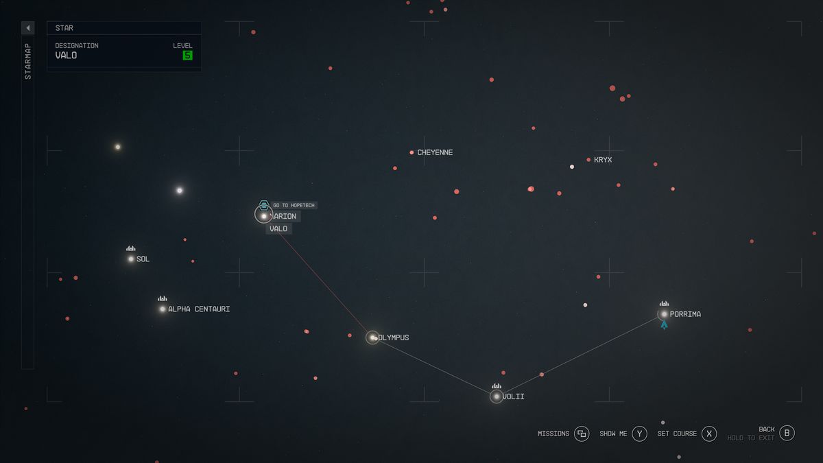 A Starfield map shows the location of Polvo in the Valo system.