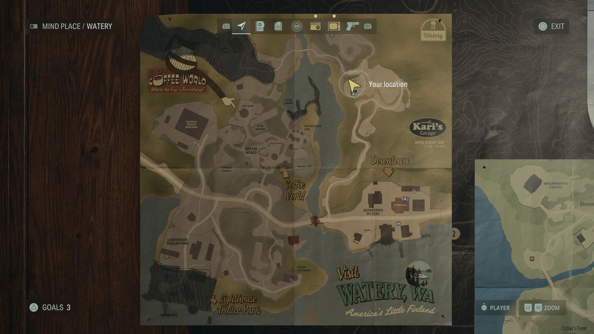 A map of Watery showing the location of a Cult Stash in Alan Wake 2