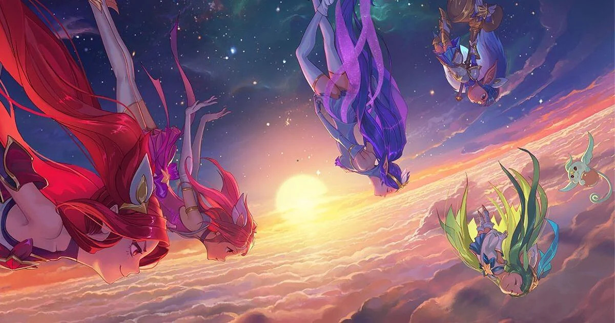 League of Legends - Art of the first group of Star Guardians (Lux, Jinx, Janna, Poppy and Lulu) falling from the sky in their magical girl uniforms