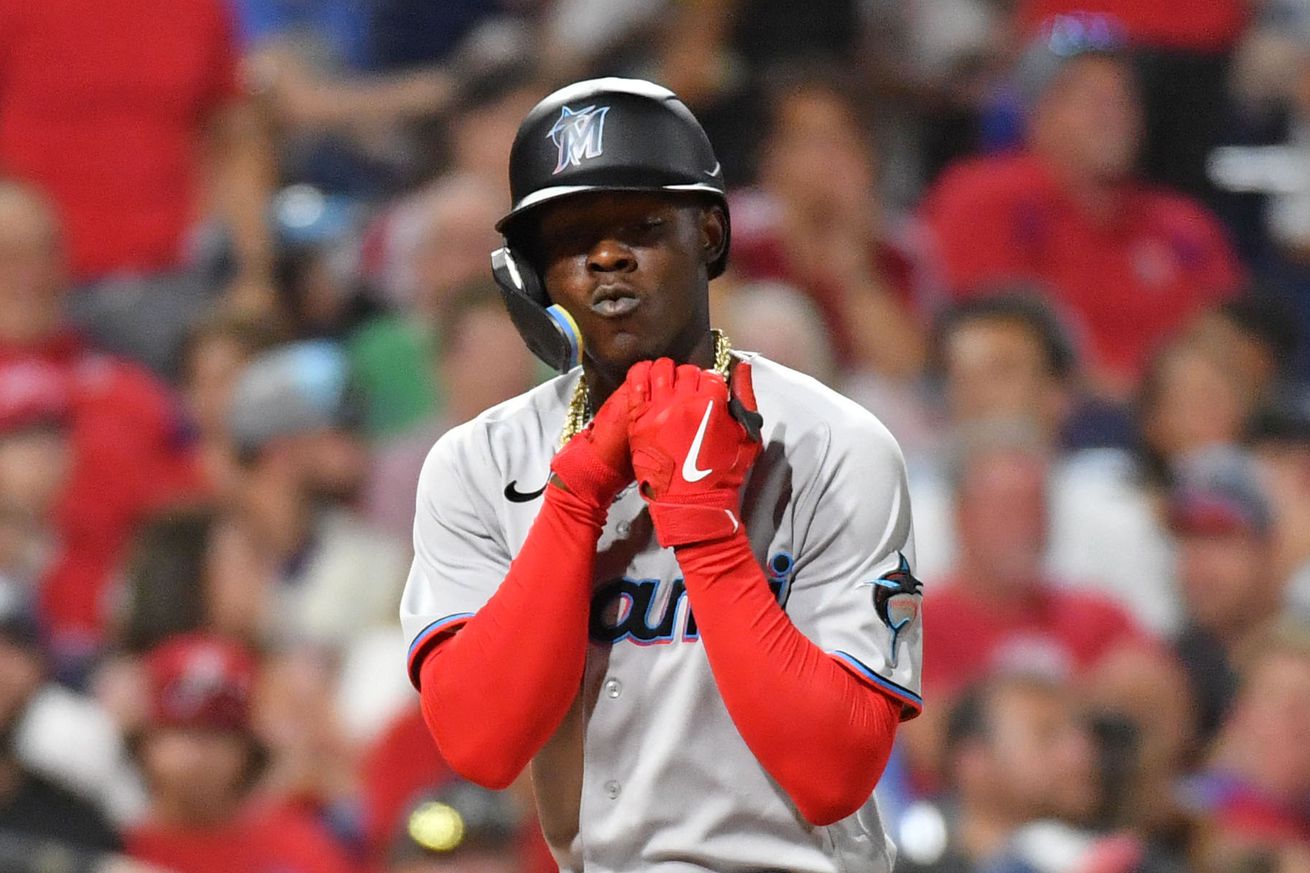 Miami Marlins second baseman Jazz Chisholm Jr. (2) celebrates his solo home run against the Philadelphia Phillies during the seventh inning at Citizens Bank Park.
