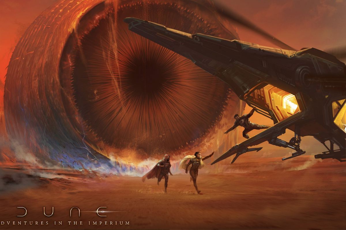 A sandworm surfaces on Arrakis. In the foreground, three characters run toward a waiting ‘thopter.