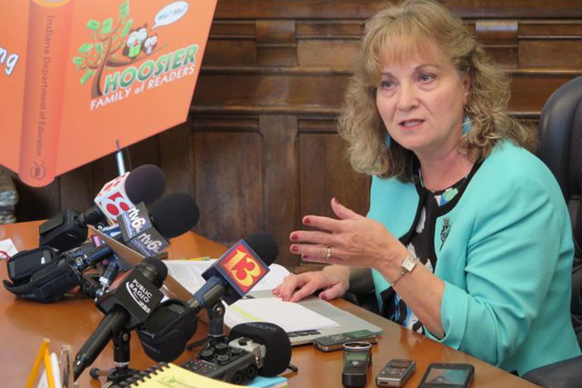 State Superintendent Glenda Ritz speaks with reporters after Indiana's request for a waiver from some rules of the federal No Child Left Behind law was approved in 2014.