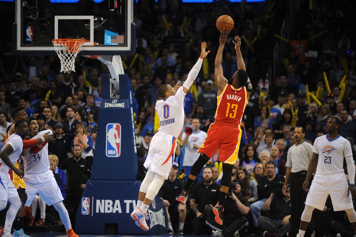James Harden shoots over Russell Westbrook in a battle of MVP candidates