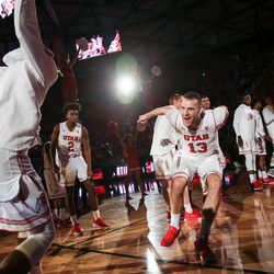 Utah Utes forward David Collette (13) enters the court before the game against the California Golden Bears at the Huntsman Center in Salt Lake City on Saturday, Feb. 10, 2018.