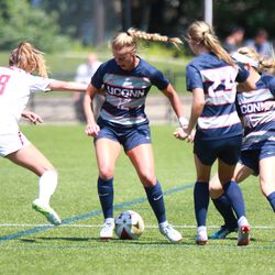 The UConn Huskies take on the Boston College Eagles in a women’s college soccer game at Newton Campus Lacrosse & Soccer Field in Newton, MA on August 26, 2018.
