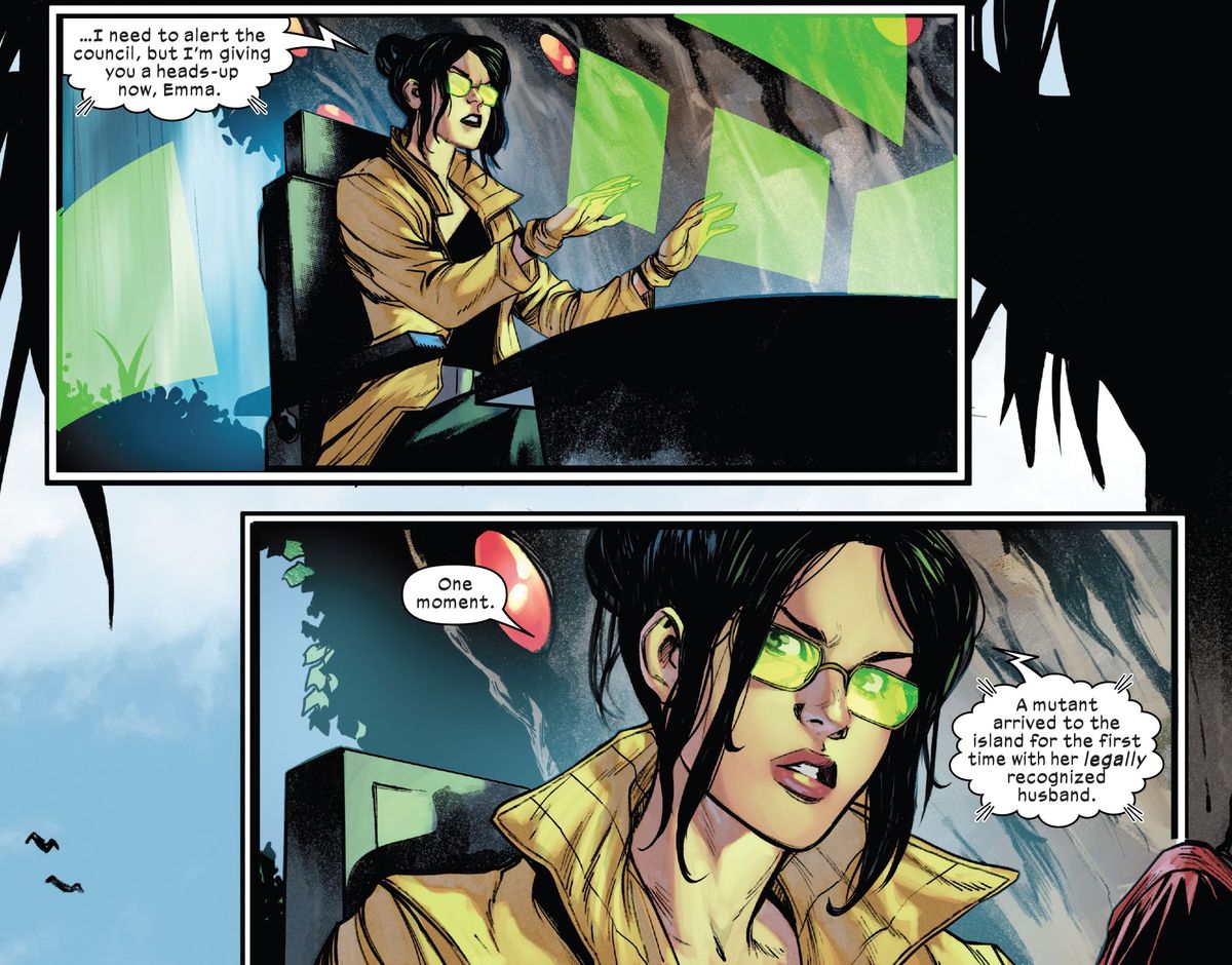 At her computer, Sage telepathically gives Emma Frost a heads up that “A mutant arrived to the island for the first time with her legally recognized husband,” in X-Men #20 (2023).