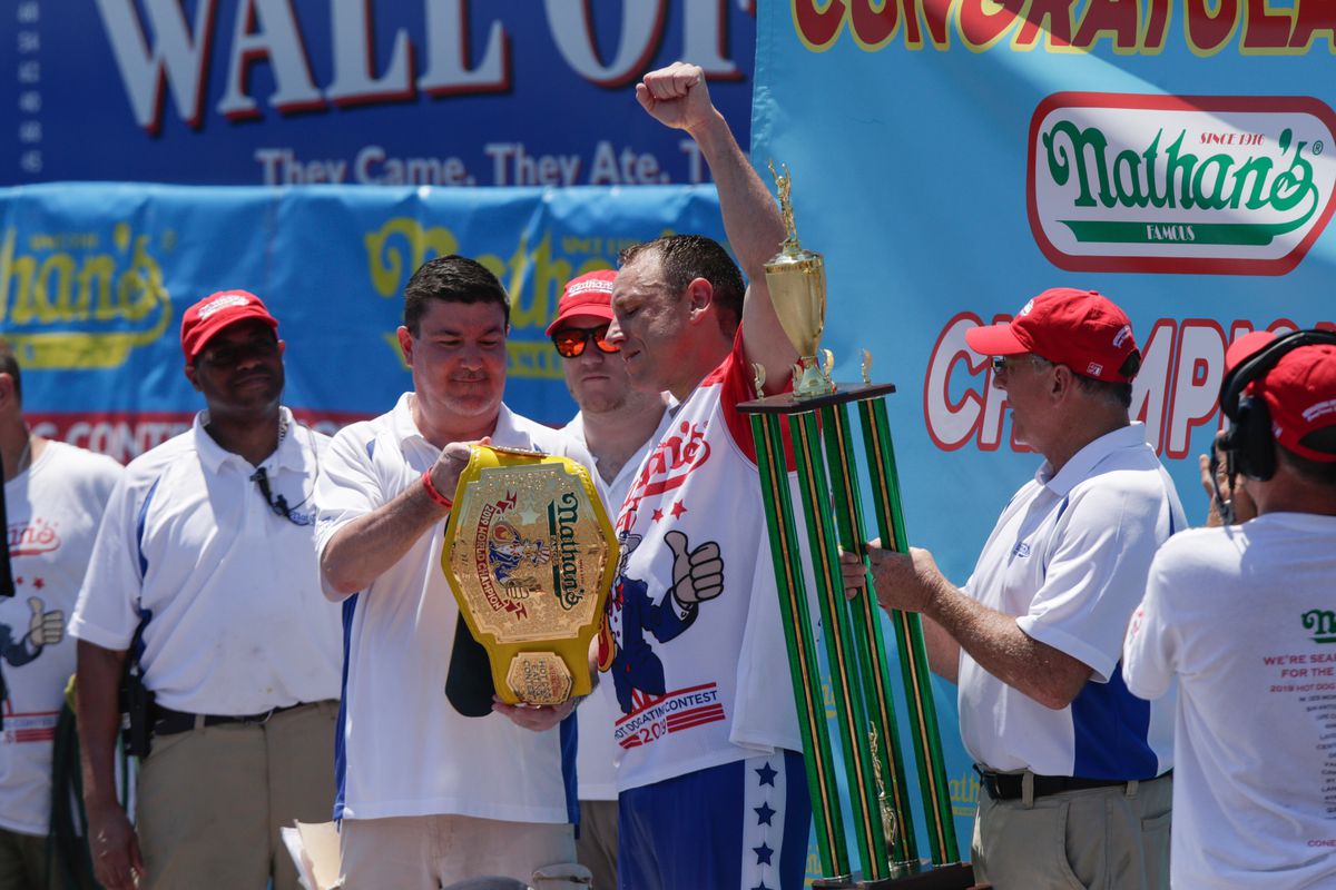 Joey Chestnut reacts after he wins the annual Nathan’s hot dog eating contest on July 4, 2019 in New York City. Nathan’s held its first hot dog eating contest in Coney Island on July 4, 1916.