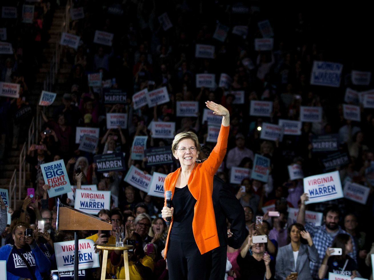 Senator Elizabeth Warren takes the stage during a town hall event in Norfolk, Virginia, on October 18, 2019.&nbsp;