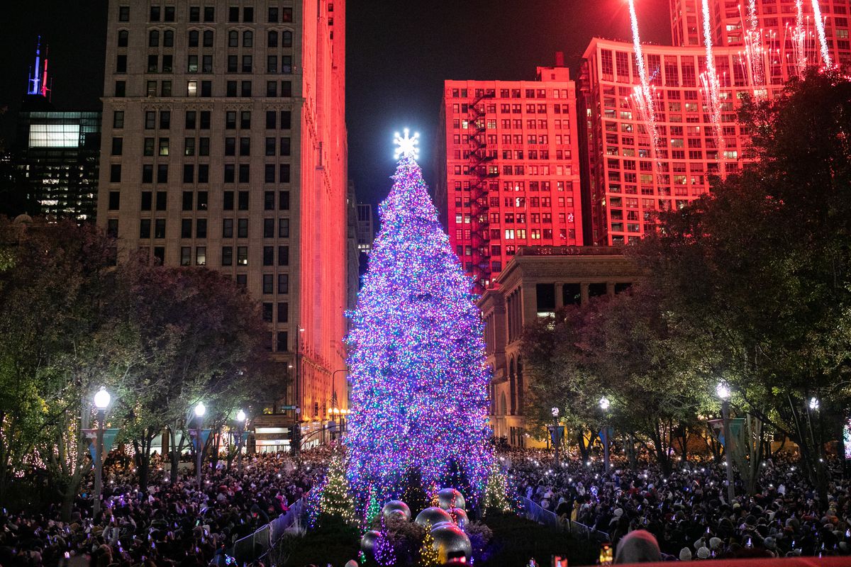 Chicago’s Christmas tree-lighting ceremony in Millennium Park was open to the public. Last year’s in-person celebration was canceled by the pandemic.