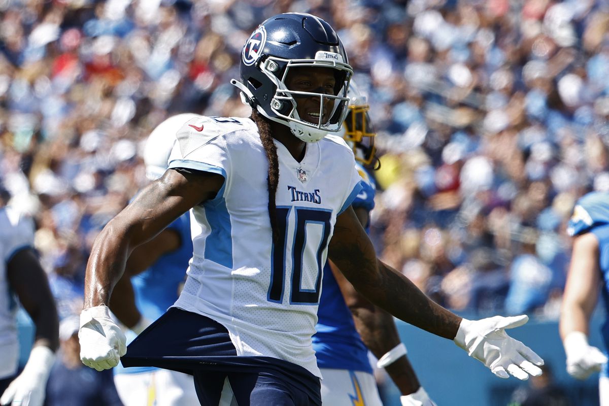 DeAndre Hopkins #10 of the Tennessee Titans reacts after a play during the second half of the game against the Los Angeles Chargers at Nissan Stadium on September 17, 2023 in Nashville, Tennessee.