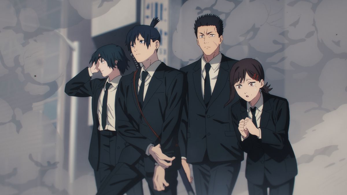 Chainsaw Man characters dressed in suits and ties standing in front of a gray marble wall
