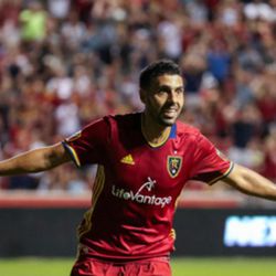 Real Salt Lake midfielder Javier Morales (11) celebrates after kicking his team\'s third goal of the night during a match between Real Salt Lake and Chicago Fire at Rio Tinto Stadium in Sandy on Saturday, Aug. 6, 2016. 