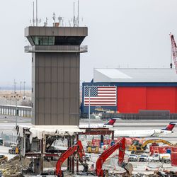 The former Delta Tower is torn down at the Salt Lake City International Airport in Salt Lake City on Monday, Feb. 15, 2021.