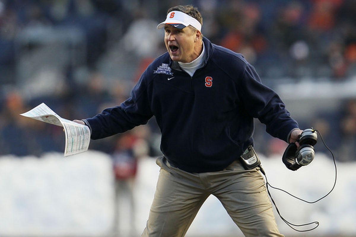Syracuse Orange head coach <strong>Doug Marrone</strong> yells at the referee against the Kansas State Wildcats during the New Era Pinstripe Bowl at Yankee Stadium on December 30 2010 in New York New York.  (Photo by Chris McGrath/Getty Images)