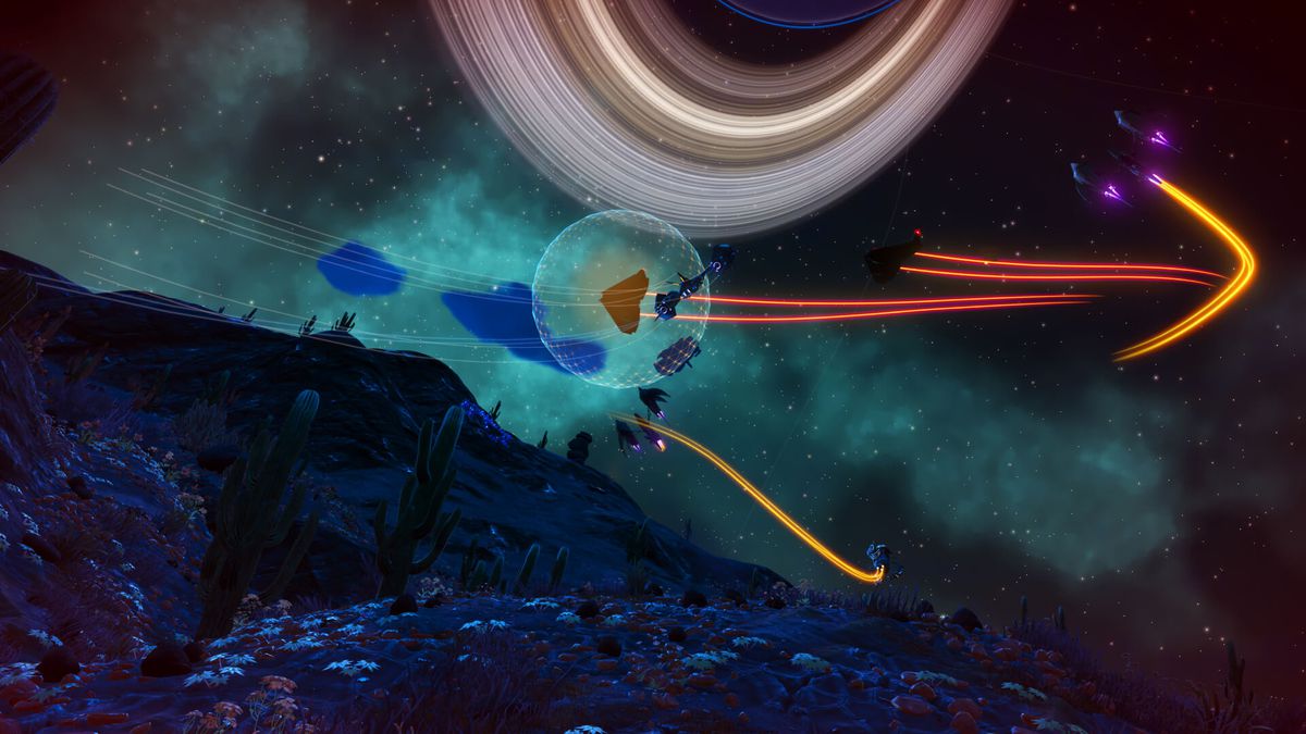 No Man’s Sky - A space battle happens during night on a distant alien planet.