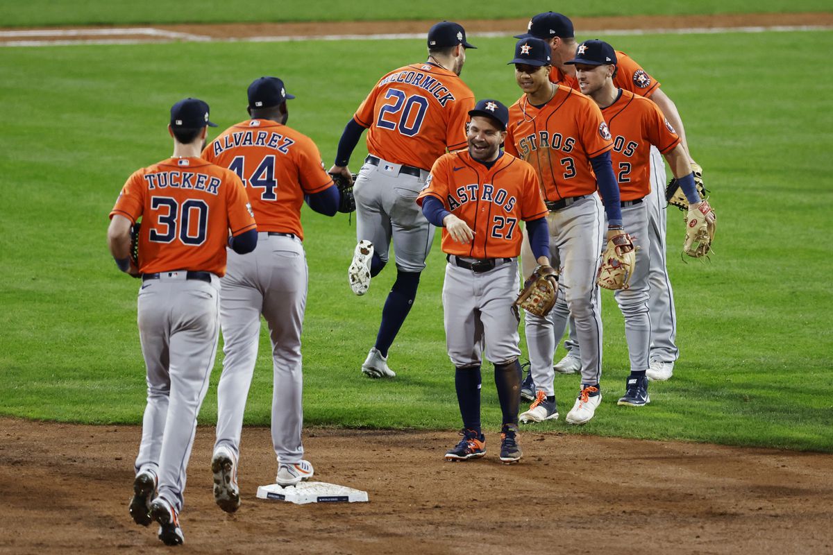 Members of the Houston Astros celebrate after defeating the Philadelphia Phillies in Game 5 of the 2022 World Series at Citizens Bank Park on Thursday, November 3, 2022 in Philadelphia, Pennsylvania.