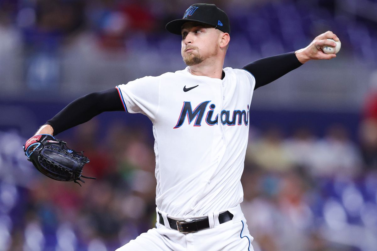 Braxton Garrett of the Miami Marlins pitches against the San Diego Padres during the first inning at loanDepot park on May 31, 2023 in Miami, Florida.